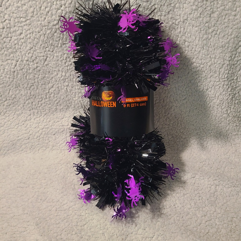 Happy Halloween Tinsel Garland 9ft Black with Purple Spiders Decoration